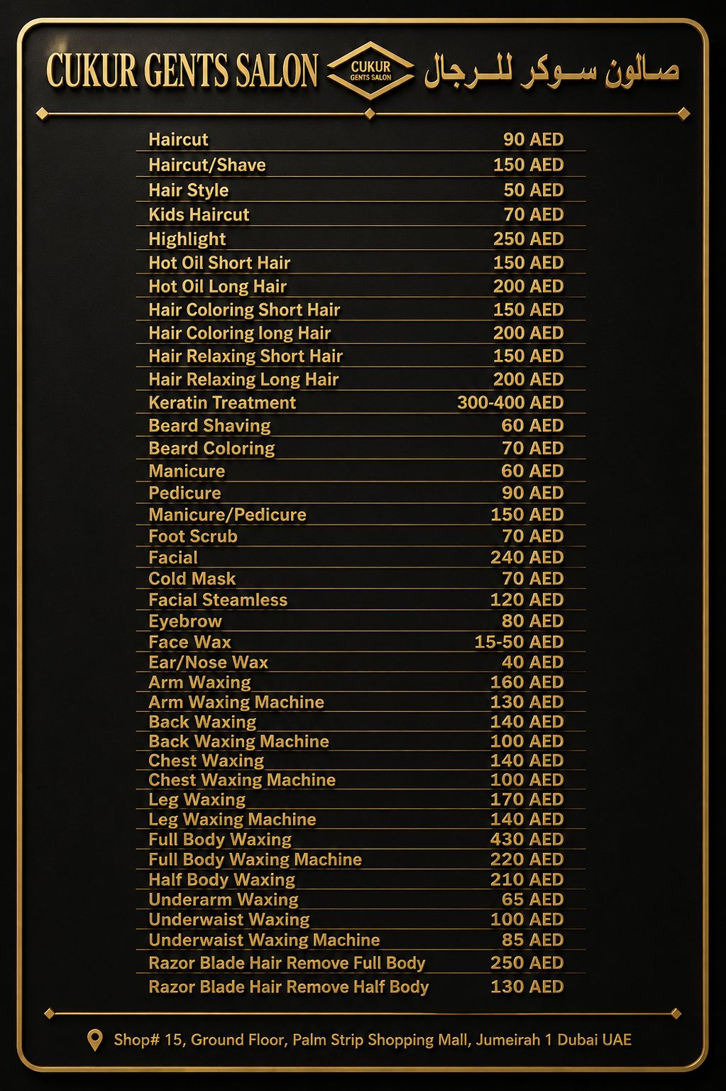 Çukur Gent Salon fiyat listesi